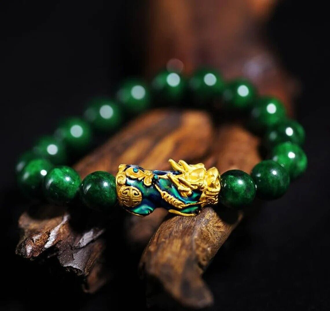 Green Jade Dragon Protection Pixiu Charm Bracelet 10mm