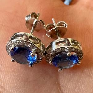 Tanzanite White Topaz Stud Earrings - 925 Silver