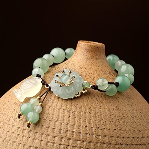 Vintage Dongling Jade Beaded Bracelet with Lucky Fish