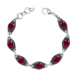 Garnet Gemstone Bracelet, Handmade Silver Overlay Oval Design