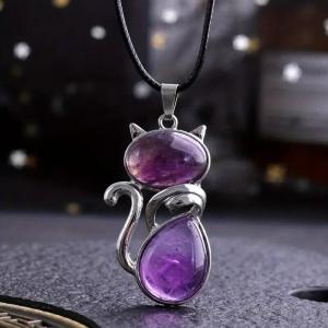 Amethyst Crystal Cat Necklace Pendant Healing Gemstone Gift