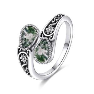 Sterling Silver Moss Agate Filigree Spoon Ring