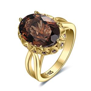 JewelryPalace Huge Oval Shape 5.7ct Genuine Smoky Quartz Cocktail Rings for Her, 14K Yellow Gold Plated 925 Sterling Silver Ring for Women, Natural Gemstone Jewelry Sets Rings 7