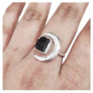Natural Black Tourmaline Ring, Rough Tourmaline Crescent Moon Adjustable Ring, October, 925 Sterling Silver, Womens Ring, Christmas, Handmade, Statement Jewelry, Raw Gemstone Jewelry (9)