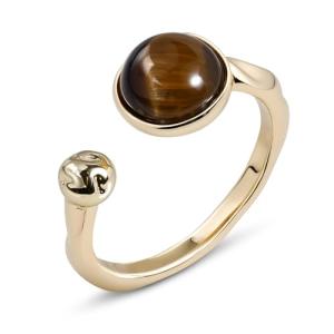 Teppdfann Tigers Eye Ring for Women - 14K Gold Plated Natural Gemstone Adjustable Open Ring, Double Brown Ring for Gift