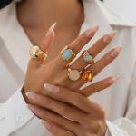 YNZGYBY Gold Rings for Women Non Tarnish Unique Chunky Gem Stone Stackable Knuckle Ring Set Vintage Funky Stack Open Jewelry Rave Rock Accessories Pack