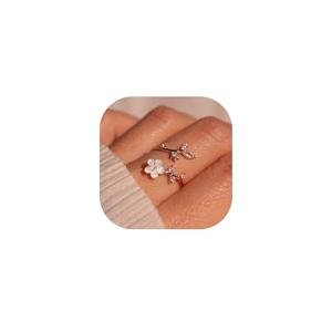 JALZEMPL Birthstone Flower Rings For Women Non Tarnish Gemstone Cubic Zirconia Mother of Pearl Adjustable Size 7-11 Silver Rose 14K Gold Plated Birth Jewelry Gift For Birthday