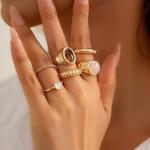 IQIC Chunky Gold Rings for Women Stackable Silver Flower Ring Set Vintage Statement Pearl Gemstone Rings Knuckle Costume Prom Jewelry Accessories (brown gemstone rings)