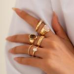IQIC Chunky Gold Rings for Women Stackable Silver Flower Ring Set Vintage Statement Pearl Gemstone Rings Knuckle Costume Prom Jewelry Accessories (brown gemstone rings)