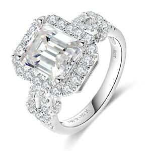 AmoreNel 5CTTW Emerald Cut Moissanite Women's Engagement Ring D Color VVS1 Clarity Moissanite Wedding Ring 925 Sterling Silver Plated 21K White Gold Eternal Bridal Gemstone Jewelry Gift(4)