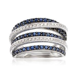 Ross-Simons 1.00 ct. t.w. Sapphire and .15 ct. t.w. Diamond Highway Ring in Sterling Silver. Size 6