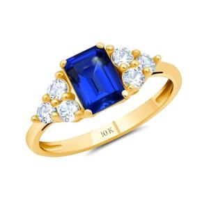 MAX + STONE Solid 10K Yellow Gold Ring for Women with Emerald Cut Blue Sapphire Gemstone and Created White Sapphire Accents | September Birthstone Rings | Created Sapphire Anniversary Ring Size 6