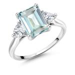 10K White Gold Gemstone Birthstone and White Created Sapphire 3-Stone Engagement Ring For Women | Emerald Cut 9X7MM and Trillion 4MM | Fine Jewelry for Wedding Anniversary Promise | Sizes 5-9