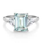 10K White Gold Gemstone Birthstone and White Created Sapphire 3-Stone Engagement Ring For Women | Emerald Cut 9X7MM and Trillion 4MM | Fine Jewelry for Wedding Anniversary Promise | Sizes 5-9