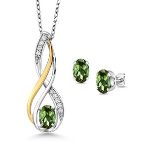Gem Stone King 925 Silver and 10K Yellow Gold Oval 6X4MM Gemstone Birthstone and White Lab Grown Diamond Pendant and Earrings Jewelry Set For Women | With 18 Inch Chain