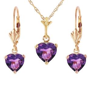 14k Yellow Gold Jewelry Set - Necklace and Earrings w/Natural Heart-shaped Purple Amethysts