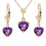 14k Yellow Gold Jewelry Set - Necklace and Earrings w/Natural Heart-shaped Purple Amethysts