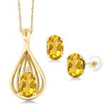Gem Stone King 10K Yellow Gold 6X4MM Oval Gemstone Birthstone and White Diamond Pendant Earrings Jewelry Set For Women | With 18 Inch Gold Chain