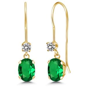 Gem Stone King 14K Yellow Gold Green Nano Emerald and White Diamond French Wire Dangle Earrings For Women (0.93 Cttw, Gemstone May Birthstone, Oval 6X4MM and Round 2.5MM)