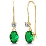 Gem Stone King 14K Yellow Gold Green Nano Emerald and White Diamond French Wire Dangle Earrings For Women (0.93 Cttw, Gemstone May Birthstone, Oval 6X4MM and Round 2.5MM)