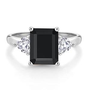 Gem Stone King 2-4 Cttw 10K White Gold Gemstone Birthstone and Lab Grown Diamond 3-Stone Engagement Ring for Women | Emerald Cut 9X7MM | Trillion 4MM | Fine Jewelry for Wedding Anniversary | Size 5-9