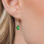 Gem Stone King 14K Yellow Gold Green Nano Emerald and White Diamond French Wire Dangle Earrings For Women (0.93 Cttw, Gemstone May Birthstone, Oval 6X4MM and Round 2.5MM)