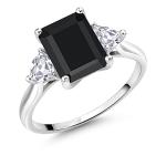 Gem Stone King 2-4 Cttw 10K White Gold Gemstone Birthstone and Lab Grown Diamond 3-Stone Engagement Ring for Women | Emerald Cut 9X7MM | Trillion 4MM | Fine Jewelry for Wedding Anniversary | Size 5-9