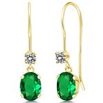 Gem Stone King 14K Yellow Gold Green Nano Emerald and White Diamond French Wire Dangle Earrings For Women (0.93 Cttw, Gemstone May Birthstone, Oval 6X4MM and Round 2.5MM)