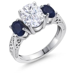 Gem Stone King 3.21 Cttw White Moissanite and Blue Sapphire 3-Stone Ring For Women | 925 Sterling Silver | Oval 9X7MM and 6X4MM | 3 Stone Wedding Engagement Anniversary Promise Ring (Size 9)