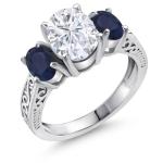 Gem Stone King 3.21 Cttw White Moissanite and Blue Sapphire 3-Stone Ring For Women | 925 Sterling Silver | Oval 9X7MM and 6X4MM | 3 Stone Wedding Engagement Anniversary Promise Ring (Size 9)