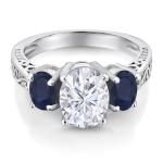 Gem Stone King 3.21 Cttw White Moissanite and Blue Sapphire 3-Stone Ring For Women | 925 Sterling Silver | Oval 9X7MM and 6X4MM | 3 Stone Wedding Engagement Anniversary Promise Ring (Size 9)
