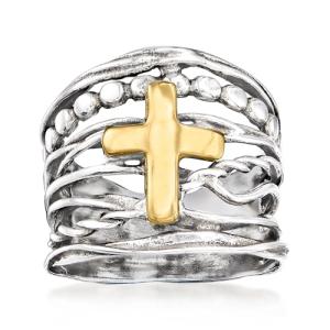 Sterling Silver & 14kt Gold Multi-Row Cross Ring