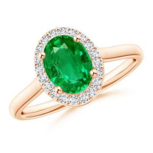Oval Emerald and Diamond Halo Ring in Rose Gold