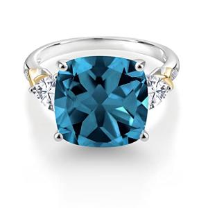Gem Stone King 9.75 Cttw London Blue Topaz White Moissanite and Diamond Ring For Women | 925 Silver and 10K Yellow Gold | 12MM Cushion and 5MM Trillion | Available In Size 5, 6, 7, 8, 9