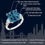 Gem Stone King 9.75 Cttw London Blue Topaz White Moissanite and Diamond Ring For Women | 925 Silver and 10K Yellow Gold | 12MM Cushion and 5MM Trillion | Available In Size 5, 6, 7, 8, 9