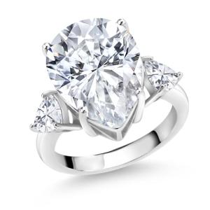 Gem Stone King 925 Sterling Silver Moissanite Ring for Women | 10.11 Cttw | Pear Shape 16X12MM and 5MM Trillion | Available In Size 5, 6, 7, 8, 9