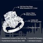Gem Stone King 925 Sterling Silver Moissanite Ring for Women | 10.11 Cttw | Pear Shape 16X12MM and 5MM Trillion | Available In Size 5, 6, 7, 8, 9