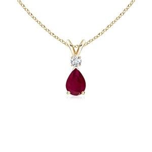 Angara Natural Ruby Solitaire Pendant for Women | Prong-Set Ruby Teardrop V-Bale Pendant with Diamond in Yellow Gold | July Birthday, Anniversary, Gemstone Jewelry Gift | A | 6x4mm
