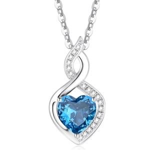 FANCIME Blue Topaz Necklace 14K Solid White Gold Heart Pendant with Diamond December Birthstone Necklace Jewelry Gifts for Mom Women