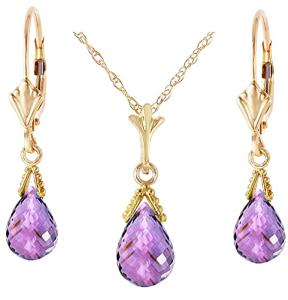 Galaxy Gold GG 14k Yellow Gold Jewelry Set: Natural Briolette Purple Amethyst 20" Pendant Necklace and Dangle Earrings