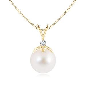 Angara Freshwater Pearl Pendant for Women | Freshwater Pearl V-Bale Pendant with Diamond in Yellow Gold | June Birthday, Anniversary, Gemstone Jewelry Gift | AAA