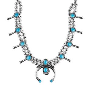 American West Sterling Silver Sleeping Beauty Turquoise Gemstone Squash Blossom Necklace 21 Inch
