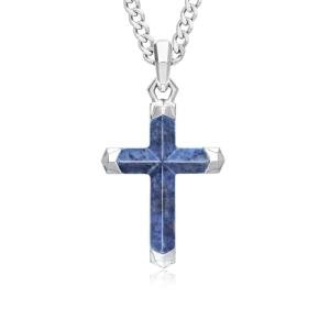 AWNL Dumortierite Cross Pendant Necklace for Men Natural Gemstone Premium Men’s Sterling Silver Pendant Necklace with Stainless Steel Chain Gift for Men 24 Inch