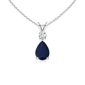 Angara Natural Blue Sapphire Solitaire Pendant for Women | Prong-Set Blue Sapphire Teardrop V-Bale Pendant with Diamond in Sterling Silver | September Birthday, Gemstone Jewelry Gift | A | 7x5mm