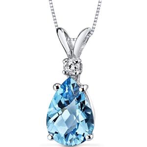 PEORA 14K White Gold Swiss Blue Topaz with Diamond Pendant for Women, Natural Gemstone Teardrop Solitaire, 2.30 Carats total Pear Shape 10x7mm, Blue Gemstone Necklace,
