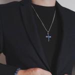 AWNL Dumortierite Cross Pendant Necklace for Men Natural Gemstone Premium Men’s Sterling Silver Pendant Necklace with Stainless Steel Chain Gift for Men 24 Inch