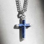 AWNL Dumortierite Cross Pendant Necklace for Men Natural Gemstone Premium Men’s Sterling Silver Pendant Necklace with Stainless Steel Chain Gift for Men 24 Inch