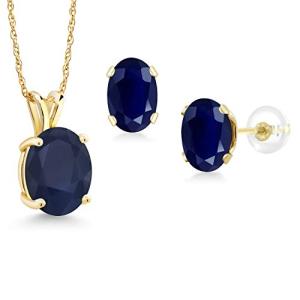 Gem Stone King 14K Yellow Gold Blue Sapphire Pendant and Earrings Jewelry Set For Women (6.60 Cttw, Oval 10X8MM and 8X6MM with 18 Inch Chain)