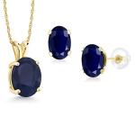 Gem Stone King 14K Yellow Gold Blue Sapphire Pendant and Earrings Jewelry Set For Women (6.60 Cttw, Oval 10X8MM and 8X6MM with 18 Inch Chain)