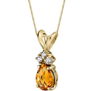 PEORA Solid 14K Yellow Gold Citrine with Diamonds Pendant for Women, Genuine Gemstone Birthstone Teardrop Solitaire, Pear Shape, 7x5mm